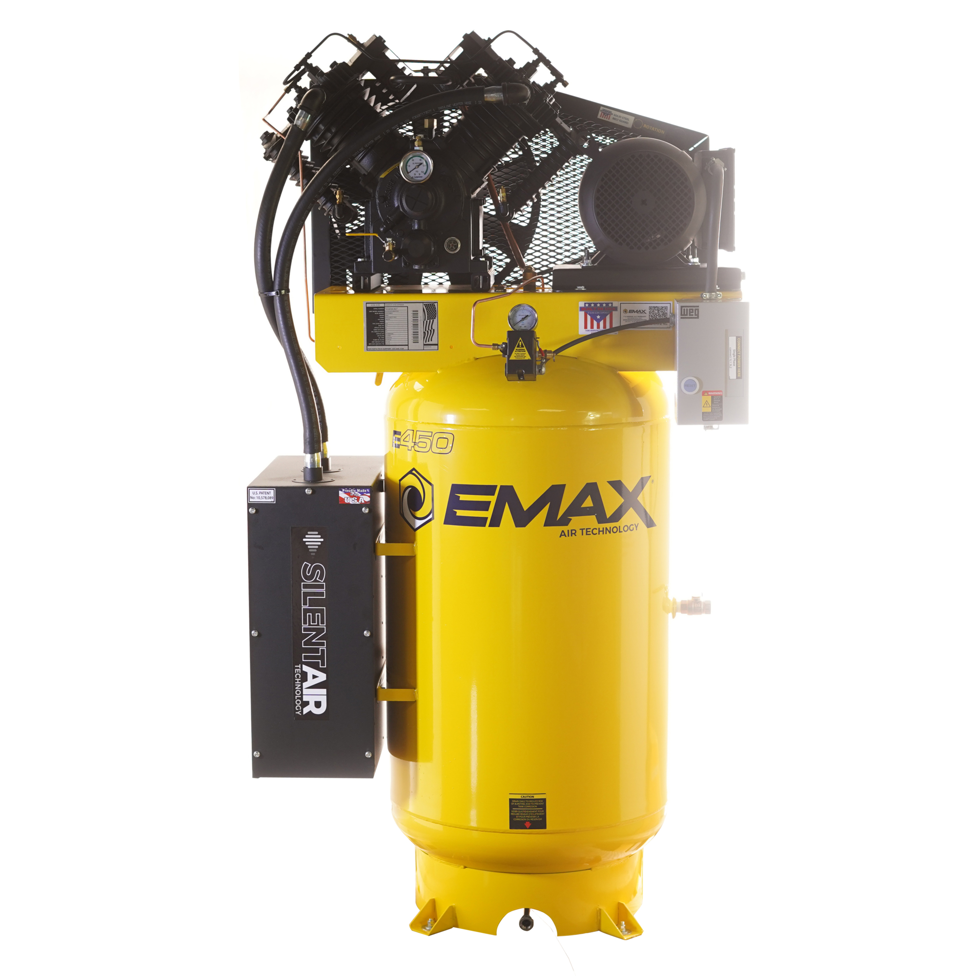EMAX Industrial Plus Silent Air Pressure Lubricated, 2-Stage Piston Air Compressor, 10 HP, 230 Volts, 1 Phase, 80-Gallon Vertical, Model# ESP10V080V1